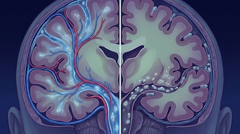 Ilustración de un cerebro cortado por la mitad. La sección izquierda muestra vasos y líquido azul limpiando partículas luminosas. La derecha tiene partículas acumuladas y píldoras azules.