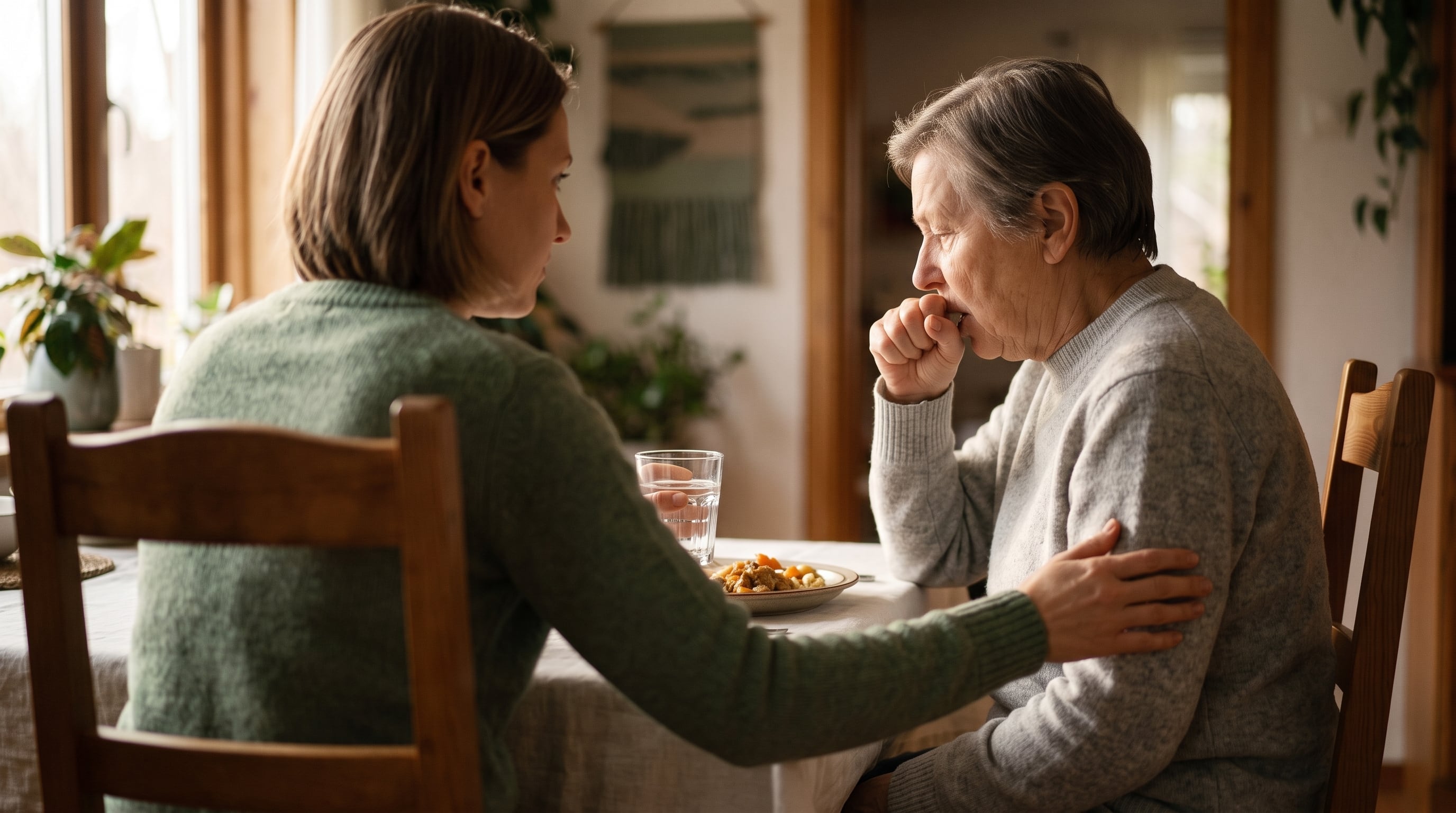 Una mujer sostiene un vaso con agua y apoya la mano sobre una adulta mayor que tose frente a su plato de comida. (Imagen Ilustrativa Infobae)