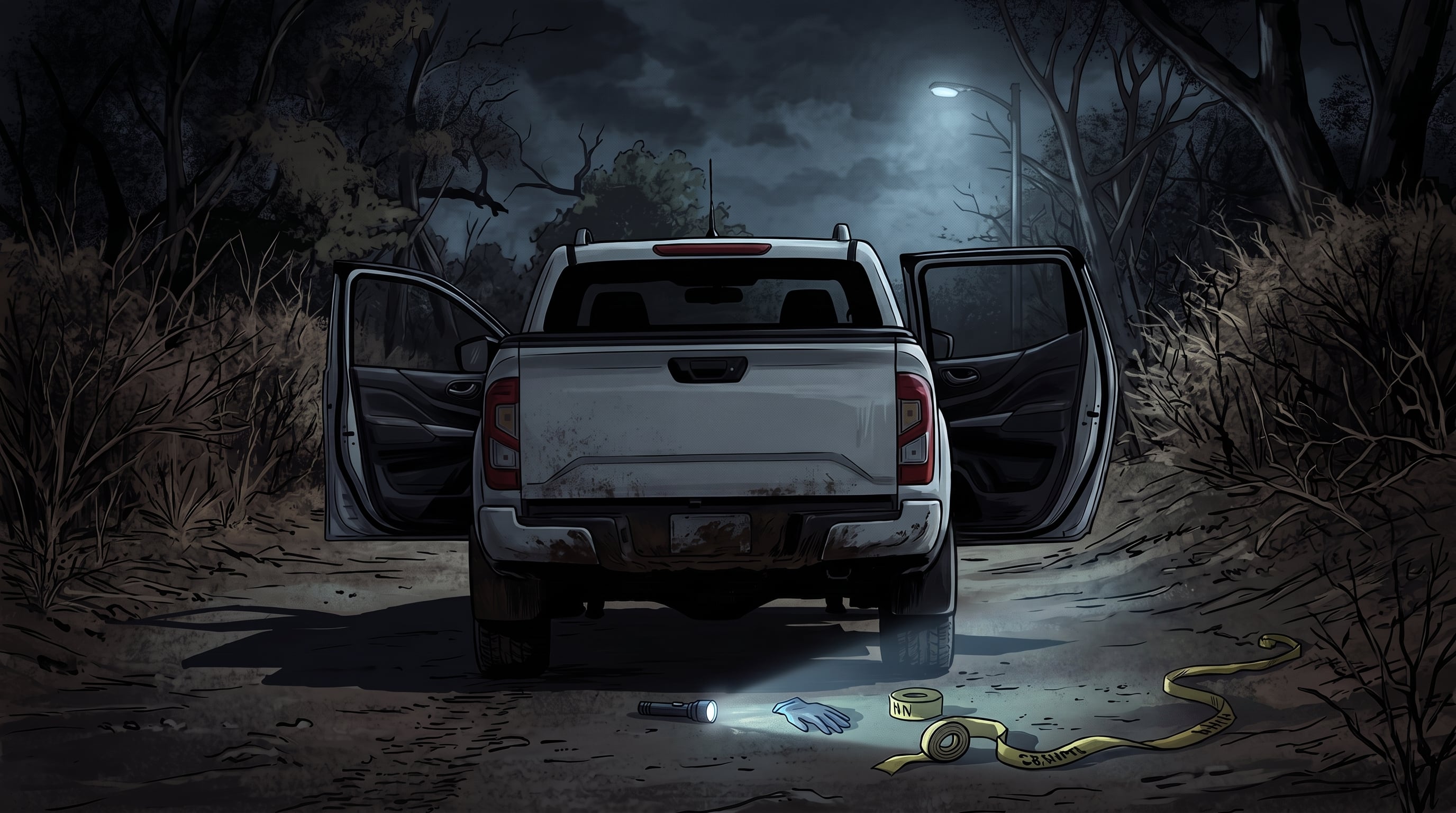 Un vehículo de carga permanece estacionado con las puertas abiertas en un camino arbolado junto a una linterna, un guante y cinta de marcaje sobre el suelo. (Imagen Ilustrativa Infobae)