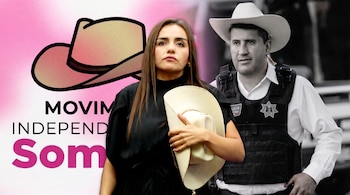 Mujer de cabello oscuro y blusa negra sostiene sombrero vaquero. Hombre en blanco y negro con sombrero y chaleco táctico detrás. Fondo rosa con texto y dibujo de sombrero.