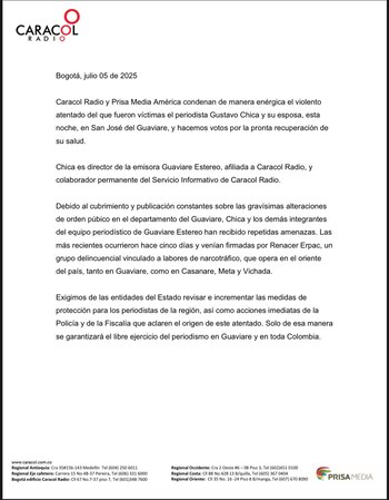 Caracol Radio exigió garantías tras atentado a su corresponsal Gustavo Chicangana - crédito redes sociales
