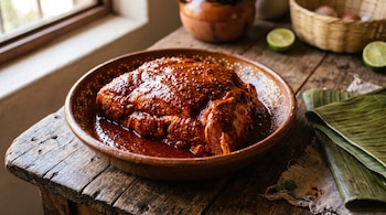 Carne cruda adobada en un recipiente de barro sobre una mesa de madera, acompañada de hojas de plátano y limones.