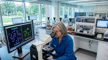 Científica con gafas de seguridad y bata azul observa por un microscopio. Monitores muestran imágenes de telómeros y células senescentes en un laboratorio.