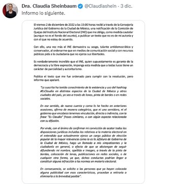 Comunicado de Claudia Sheinbaum donde