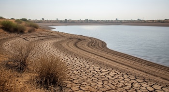 Vista aérea de un embalse con agua en el centro-derecha, flanqueado por tierra seca y agrietada en la orilla izquierda, con vegetación seca y un cielo despejado.
