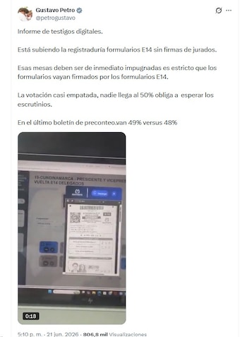 La advertencia de Petro apunta a que el resultado final dependerá de la revisión oficial de las actas electorales - crédito @petrogustavo/X