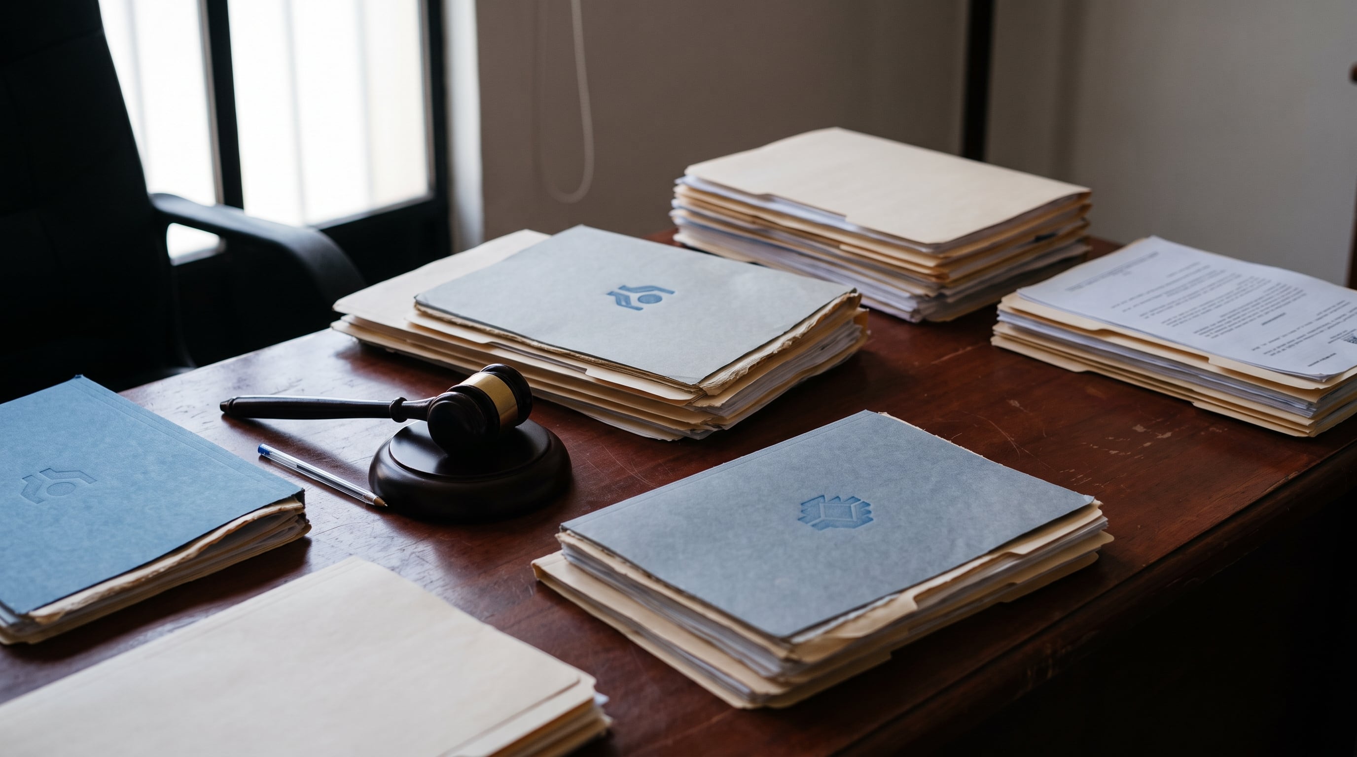 Un mazo de madera y varios expedientes acumulados reposan sobre un escritorio en una oficina. (Imagen Ilustrativa Infobae)