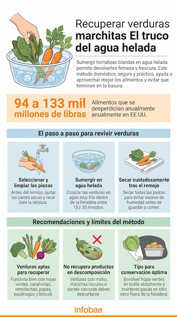 Mano sumerge espinacas y zanahorias en un bol con agua helada. Infografía muestra pasos para revivir hortalizas, tipos aptos y consejos de conservación.