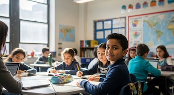 Grupo de estudiantes de primaria, incluyendo hispanos, sentados en escritorios redondos en un aula soleada, algunos escribiendo y uno sonriendo a la cámara.