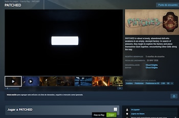 Captura de pantalla de la página de Steam de 'PATCHED', con un video oscuro, la descripción del juego y miniaturas de capturas de pantalla