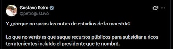 Gustavo Petro respondió a Andrés Felipe Arias en X y defendió su gestión, retándolo a publicar sus notas mientras negó favorecer a grandes terratenientes con recursos públicos - crédito Gustavo Petro/X
