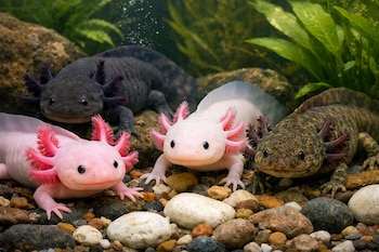 Cuatro ajolotes, dos rosados, uno blanco y uno oscuro, sobre rocas y guijarros en el fondo de un acuario con plantas verdes.