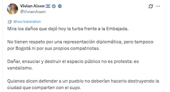Este fue el mensaje de la embajadora tras los daños hechos a la vía pública frente a la Embajada de Israel - crédito @VivianAisen/X