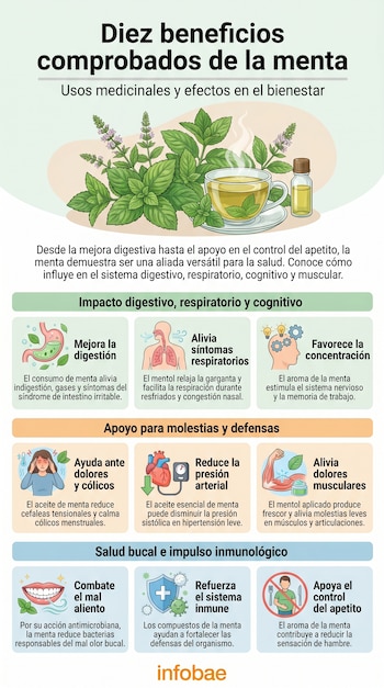 Infografía sobre los 10 beneficios de la menta, con ilustraciones de la planta, té, y diagramas de sistemas corporales y funciones de salud.