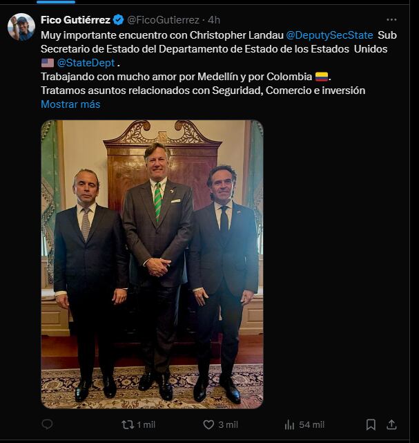 Alcalde de Medellín celebró la reunión que sostuvo con Christopher Landau - crédito @ficogutierrez/X
