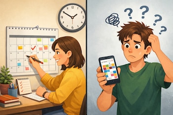 Ilustración dividida. Una mujer feliz anota en un calendario de papel a la izquierda. A la derecha, un hombre confundido mira la compleja interfaz de un calendario en su celular.