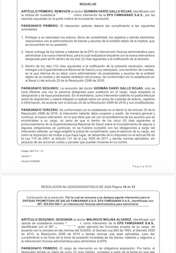 El acto administrativo precisa que la salida de Germán Gallo no corresponde a una liquidación de la EPS ni a una sanción personal en su contra - crédito SuperSalud
