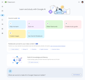 Interfaz de Google Classroom en una pantalla de computadora. Presenta un kit de herramientas Gemini con seis opciones, cuadernos de clase y recursos de IA