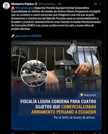 La Fiscalía de Perú sostuvo que el material bélico retirado ilegalmente de instalaciones militares peruanas tenía como destino final el abastecimiento de las Farc - crédito @FiscaliaPeru/X