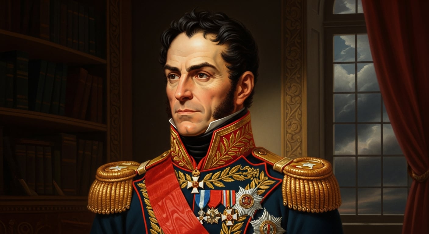 El libertador Simón Bolívar posa en un retrato oficial, luciendo su uniforme militar completo con insignias y medallas. (Imagen Ilustrativa Infobae)