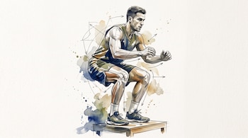 Dibujo a lápiz y acuarela de un deportista flexionado sobre una plataforma, rodeado de flechas y líneas de movimiento.