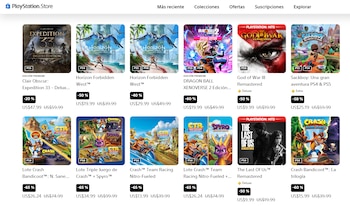 Captura de pantalla de la PlayStation Store mostrando una cuadrícula de portadas de videojuegos con sus precios originales y con descuento, y porcentajes de rebaja