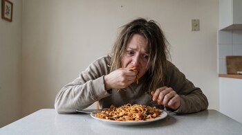 Una persona con el cabello despeinado come pasta con las manos frente a un plato en una mesa blanca.