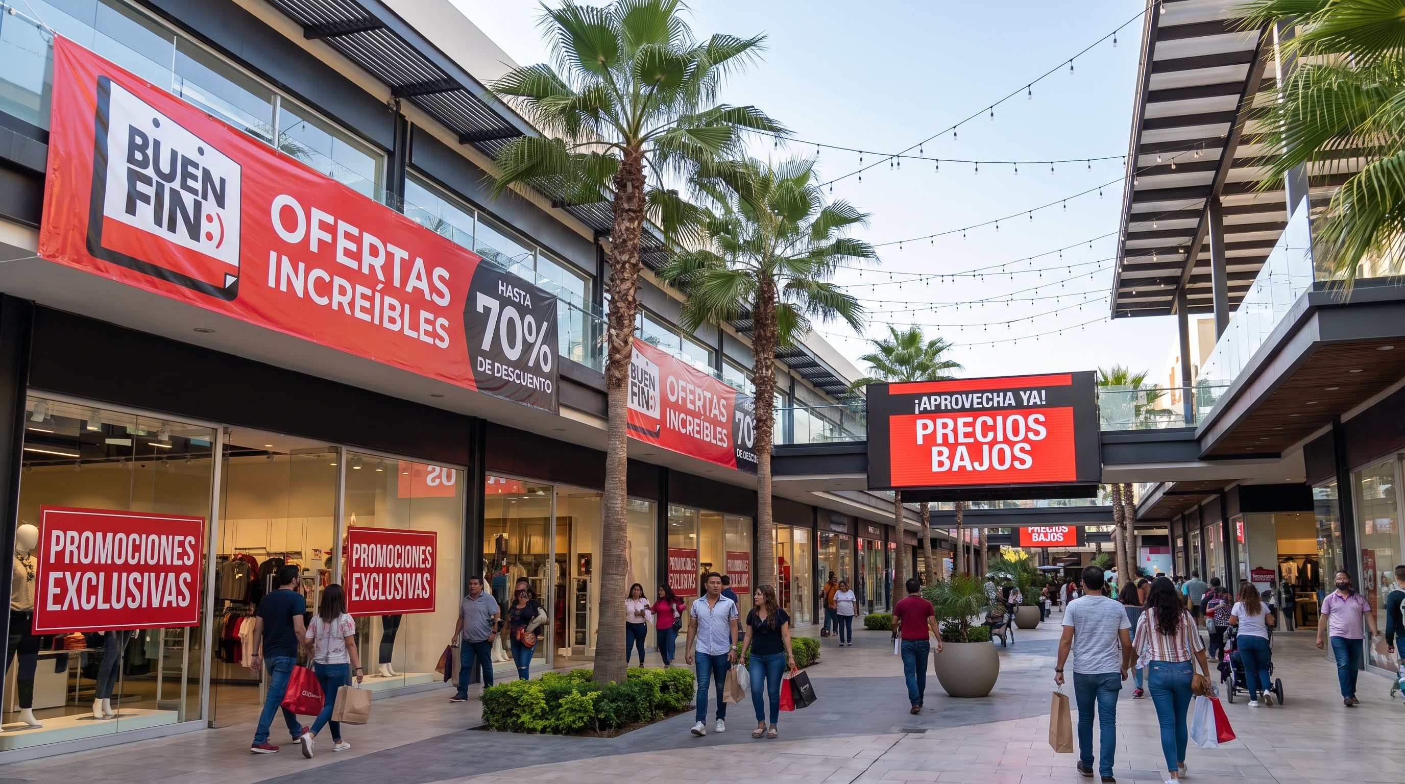 Varios compradores recorren los pasillos de una plaza comercial que exhibe carteles con anuncios de descuentos por la campaña del Buen Fin. (Imagen Ilustrativa Infobae)