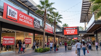 Pasillo de un centro comercial al aire libre con palmeras, personas caminando con bolsas y carteles rojos con la leyenda del Buen Fin.