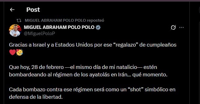 El representante Miguel Polo Polo celebró públicamente el ataque, asociando la operación con la defensa de la libertad y la lucha contra la tiranía - crédito @MiguelPoloP/X