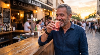 Hombre con camisa azul bebiendo de un vaso con hielo, rodaja de pomelo y romero, apoyado en una barra de madera exterior con luces de fondo.