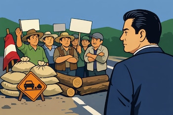 Ilustración de José María Balcázar de espaldas, ignorando a un grupo de agricultores que protestan en una carretera bloqueada con sacos, troncos y una bandera peruana.