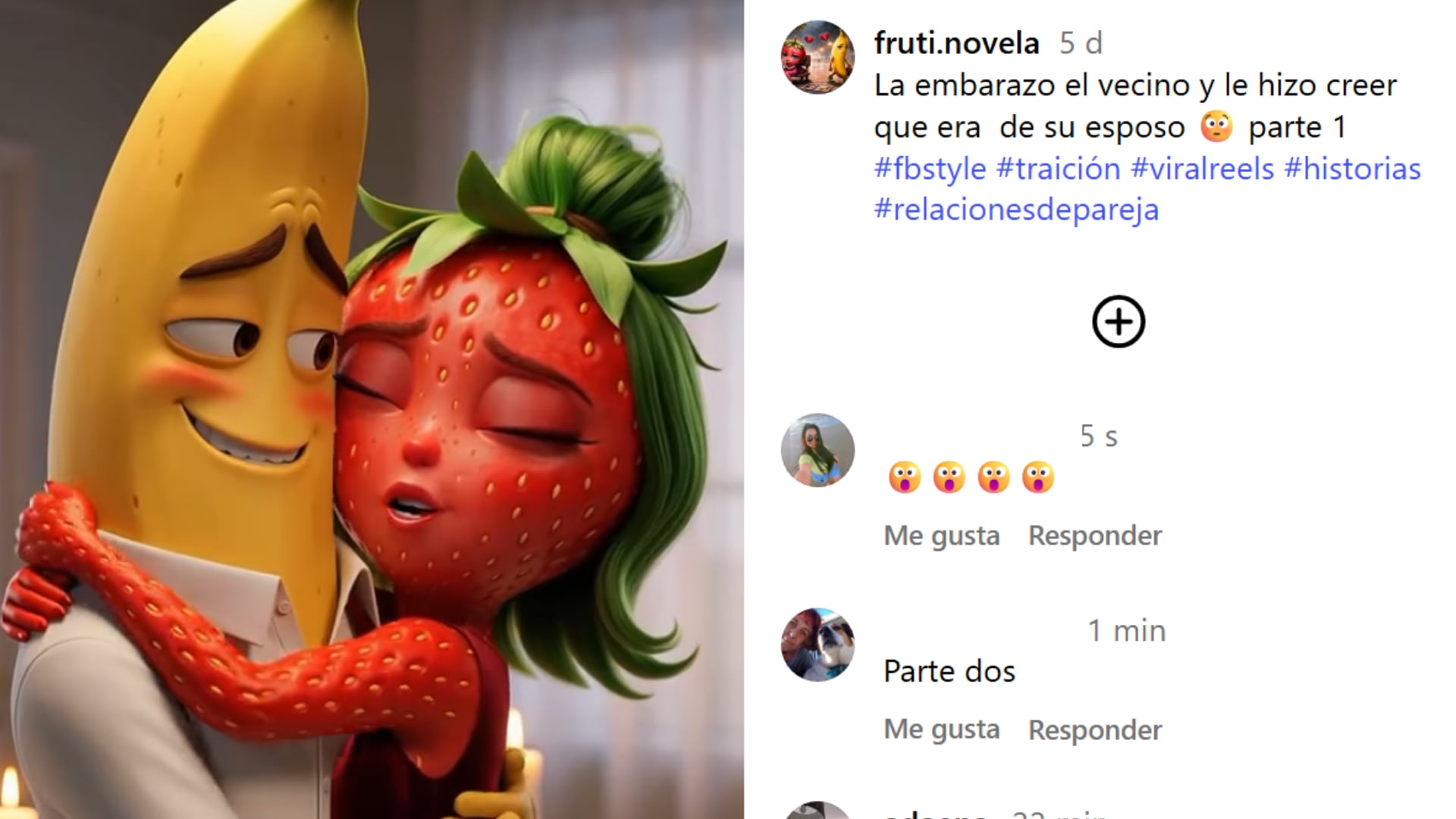 Un reciente video publicado en la cuenta de Instagram fruti.novela presenta una trama breve inspirada en los clásicos melodramas. (Instagram: fruti.novela)