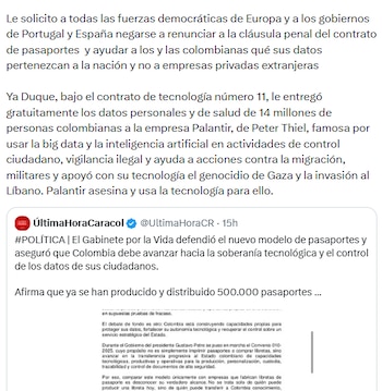 El exmandatario pidió a países europeos no utilizar la cláusula penal en el contrato de pasaportes crédito @petrogustavo/X
