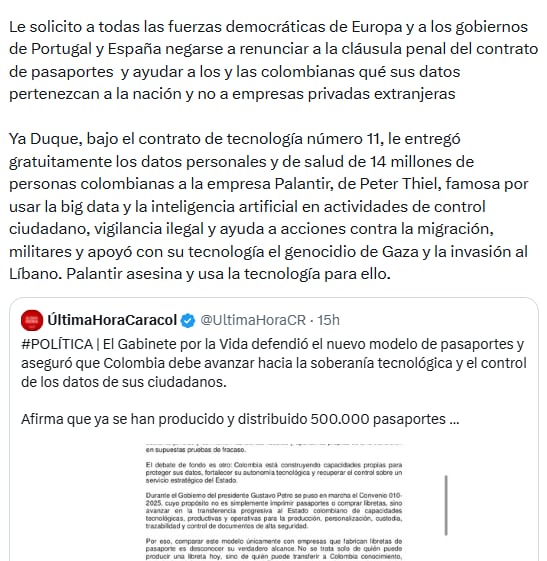 El exmandatario pidió a países europeos no utilizar la cláusula penal en el contrato de pasaportes crédito @petrogustavo/X