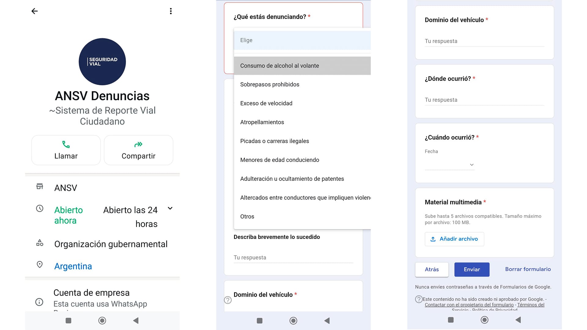 La Agencia Nacional de Seguridad Vial presenta su nuevo sistema de reporte ciudadano a través de WhatsApp, permitiendo a los usuarios denunciar conductas peligrosas al volante en la vía pública. (ANSV)