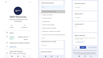 Capturas de pantalla de la interfaz del sistema de denuncias viales de la ANSV por WhatsApp, mostrando opciones de contacto y un formulario de reporte