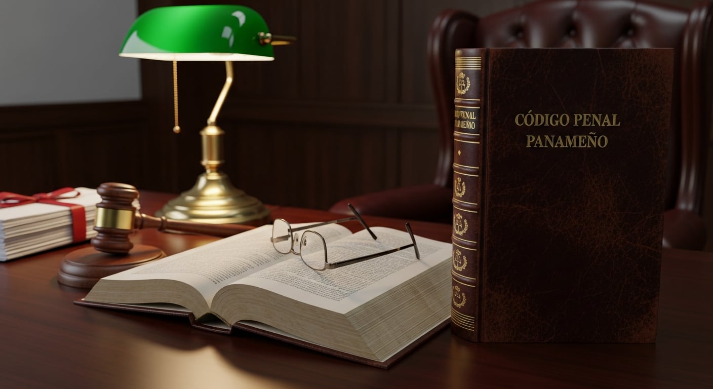 Un libro del Código Penal Panameño y otros elementos jurídicos se encuentran sobre un escritorio de juez, simbolizando el sistema legal. (Imagen Ilustrativa Infobae)