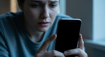 Primer plano de una mujer con expresión preocupada sosteniendo un iPhone con la pantalla apagada y completamente negra.