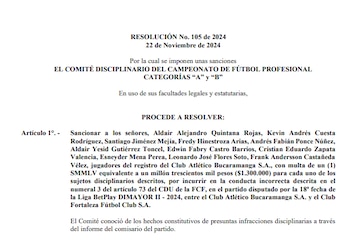 Con una multa económica se sancionó a los futbolistas del Atlético Bucaramanga tras su protestas en los actos de protocolo a la decisión de suspender a Rafael Dudamel - crédito página oficial de Dimayor