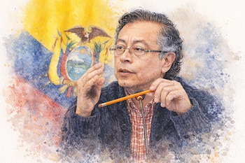 Ilustración en acuarela de Gustavo Petro, con cabello rizado y gafas, sosteniendo un lápiz y gesticulando, con la bandera de Ecuador al fondo.