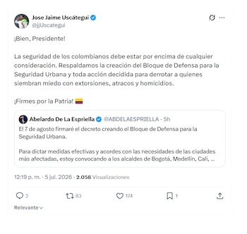 José Jaime Uscátegui reaccionó a iniciativa de Abelardo de la Espriella