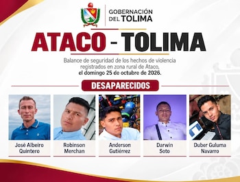José Albeiro Quintero, Robinson Merchán, Anderson Gutiérrez, Darwin Soto y Duber Guluma Navarro figuran entre las personas reportadas como desaparecidas en el sur del Tolima. - crédito Gobernación del Tolima
