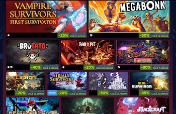 Una interfaz de tienda digital con varias portadas de videojuegos en oferta, incluyendo 'Vampire Survivors' y 'Megabonk', con porcentajes de descuento visibles