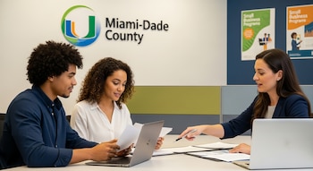 Tres personas sentadas en una mesa con documentos y dos computadoras portátiles. Al fondo, un logo de Miami-Dade County y dos carteles de programas de negocios.