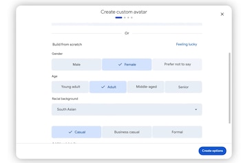 Captura de pantalla de una interfaz de usuario para crear un avatar, mostrando menús desplegables y botones con opciones de género, edad, origen y estilo, con una barra de progreso