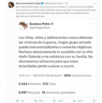 La senadora respondió al trino