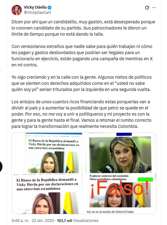 La periodista y excandidata presidencial Vicky Dávila hizo una crítica contra Miguel Uribe por la financiación de su campaña - crédito @VickyDavilaH/X