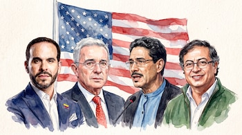 Ilustración de cuatro hombres de frente: Abelardo de la Espriella, Álvaro Uribe, Iván Cepeda, Gustavo Petro. Detrás, la bandera de Estados Unidos.