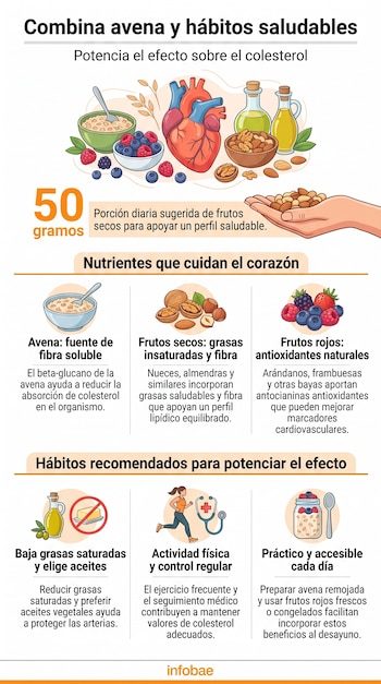 Infografía con título y texto informativo sobre avena, corazón, frutos rojos, aceites, frutos secos, iconos de dieta, ejercicio y desayuno.